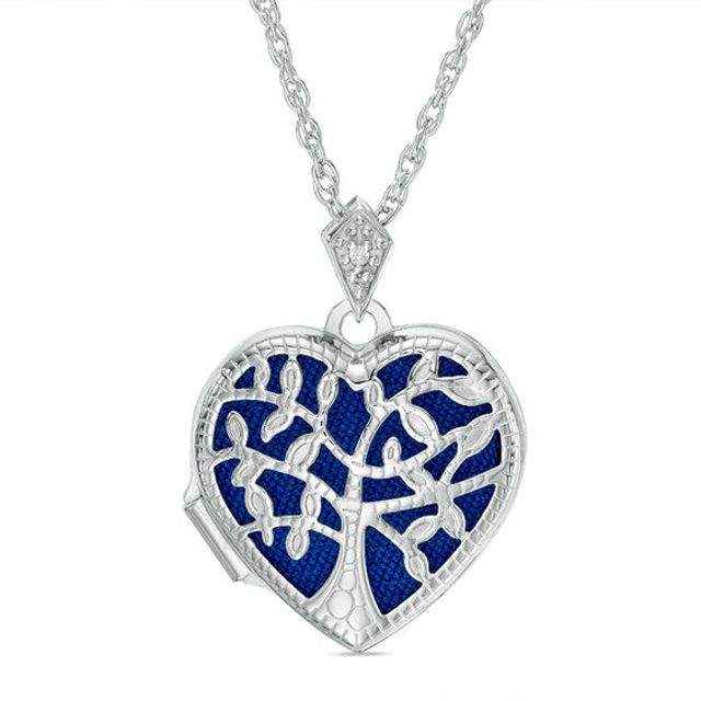 Diamond Accent Blue Family Tree Heart Locket in Sterling Silver
