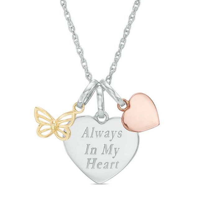 Three Piece Butterfly, Heart, and "Always In My Heart" Charms Pendant in Sterling Silver and 10K Two-Tone Gold