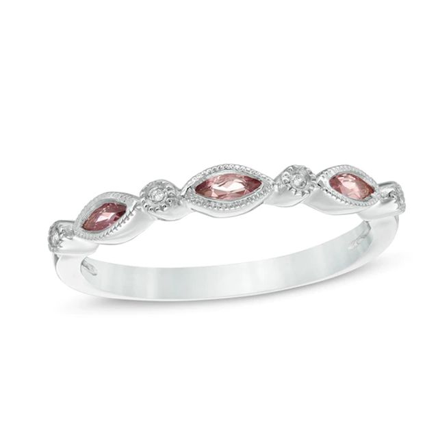 Marquise Pink Tourmaline and Diamond Accent Vintage-Style Band in 14K White Gold