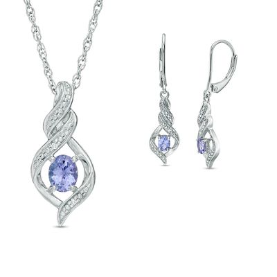 Oval Tanzanite and Diamond Accent Cascading Infinity Pendant and Earrings Set in Sterling Silver