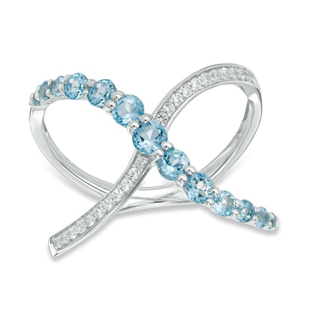 Swiss Blue Topaz and Lab-Created White Sapphire Criss-Cross Ring in Sterling Silver