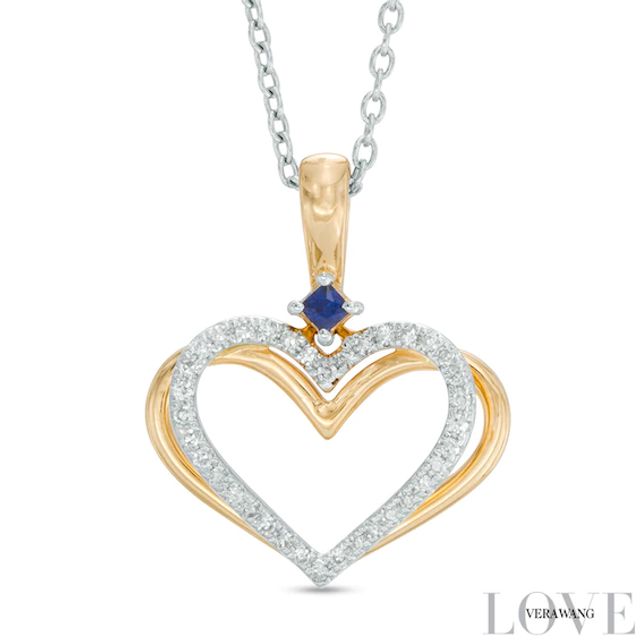 The Kindred Heart from Vera Wang Love Collection 1/10 CT. T.w. Diamond and Blue Sapphire Pendant in 14K Gold - 19"