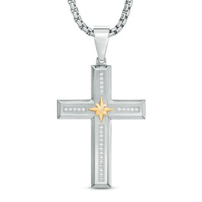 Men's 1/4 CT. T.w. Diamond Cross with Star Pendant in Stainless Steel and 10K Gold - 24"