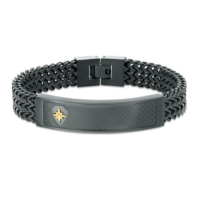 ID Bracelet in Black IP Stainless Steel with Carbon fiber and 10K Gold - 8.5"
