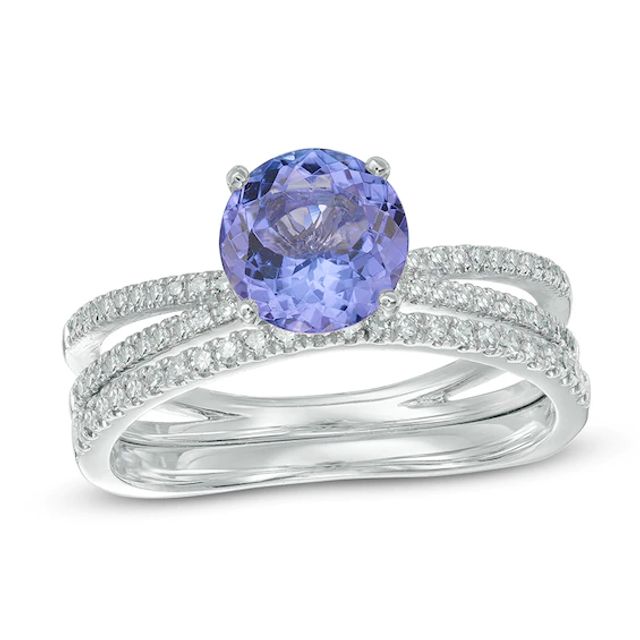 7.0mm Tanzanite and 1/4 CT. T.w. Diamond Split Shank Bridal Set in 14K White Gold