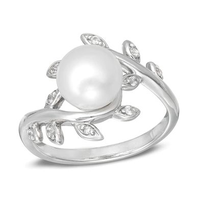 8.0mm Baroque Freshwater Cultured Pearl and Lab-Created White Sapphire Vine Ring in Sterling Silver