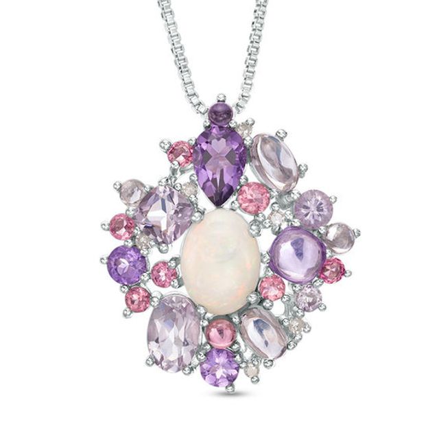 Opal, Amethyst and Pink Tourmaline with Diamond Accent Pendant in Sterling Silver