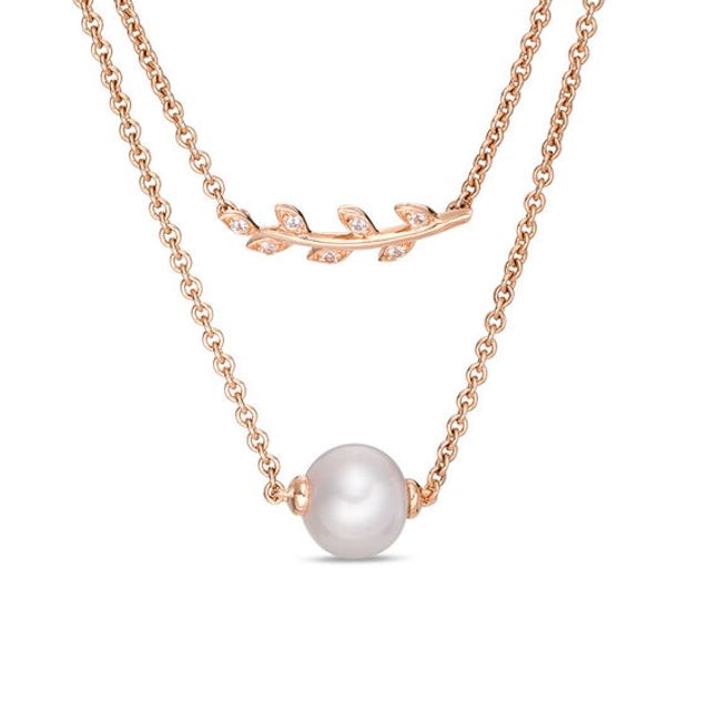 8.0mm Freshwater Cultured Pearl and Lab-Created White Sapphire Necklace in Sterling Silver with 14K Rose Gold Plate