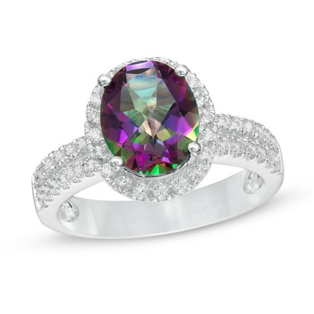 Oval Mystic FireÂ® Topaz and Lab-Created White Sapphire Frame Double Row Ring in Sterling Silver