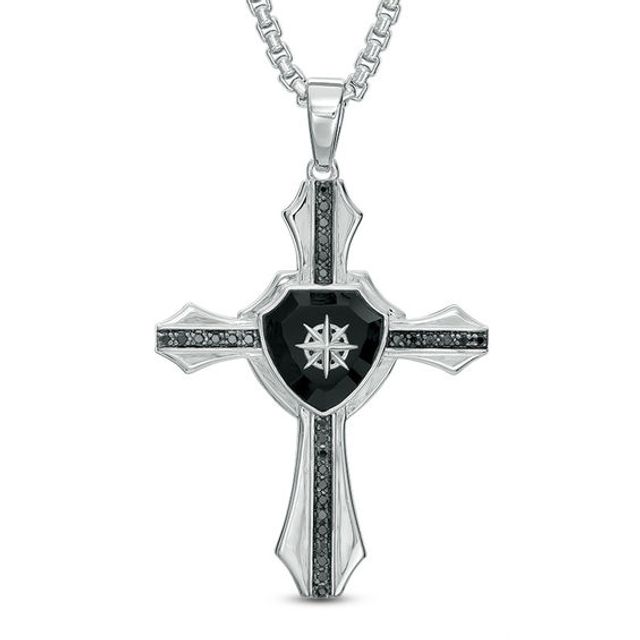 Men's Onyx and 1/3 CT. T.w. Black Diamond Cross with Shield Pendant in Sterling Silver - 24"