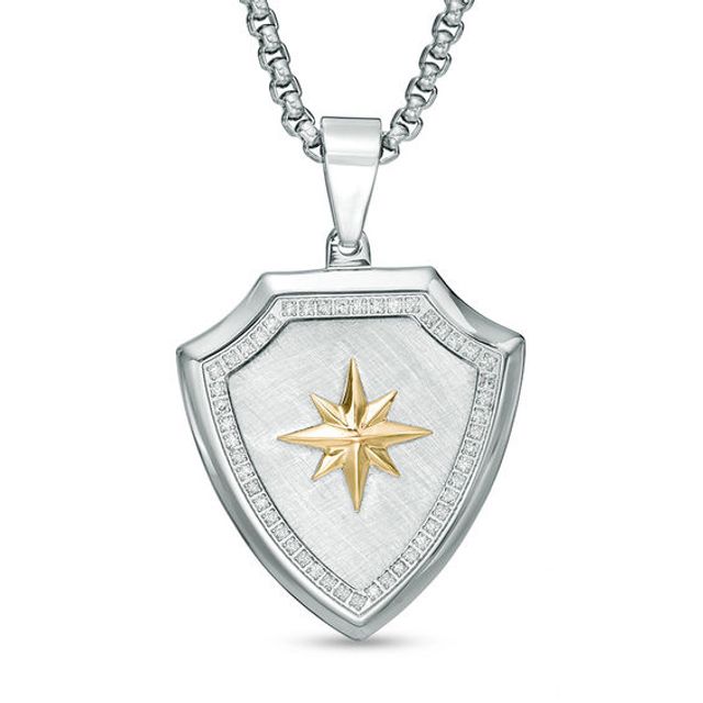 Men's 1/2 CT. T.w. Diamond Shield Pendant in Stainless Steel and 10K Gold - 24"