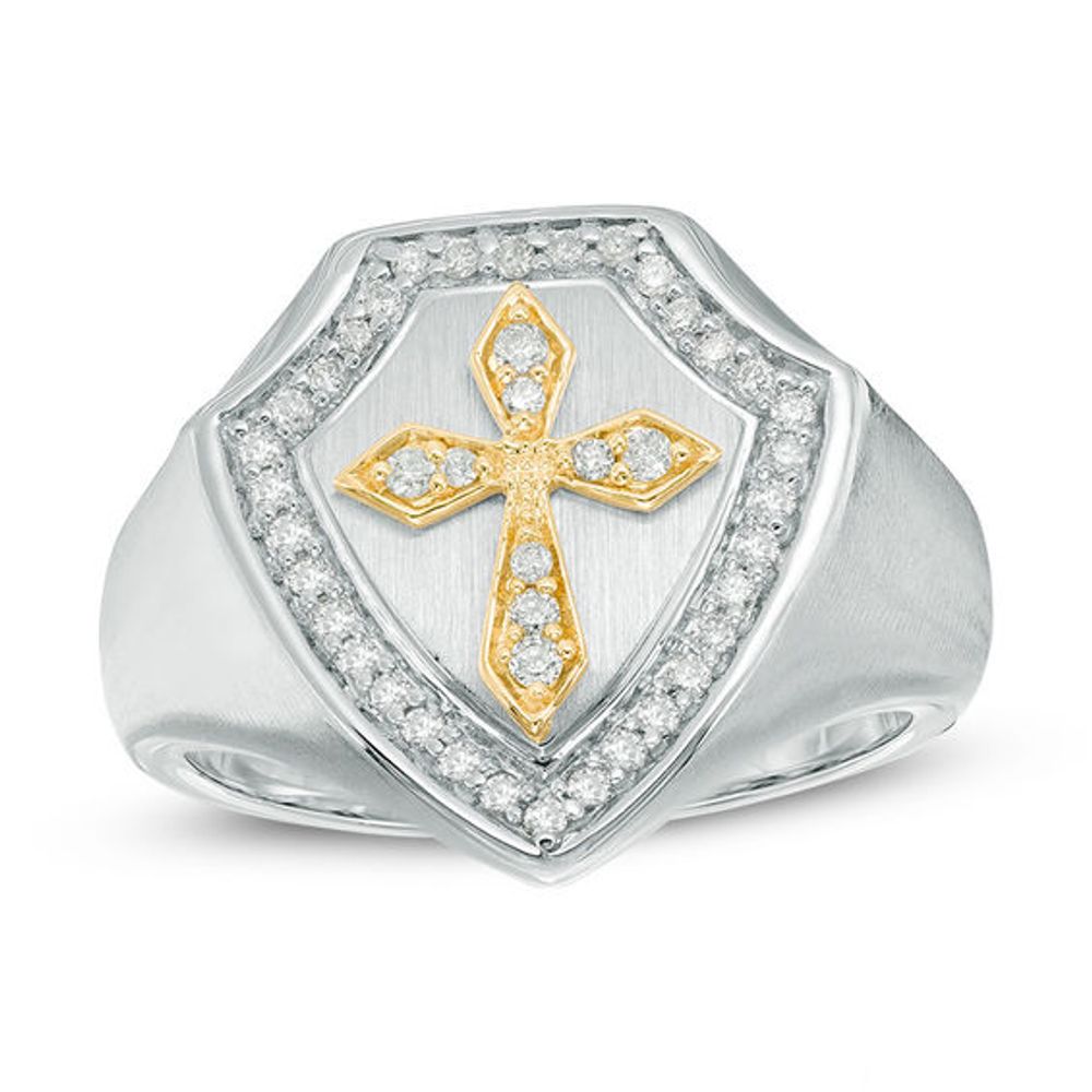 1/3 CT. T.w. Diamond Shield with Cross Ring in Sterling Silver and 10K Gold