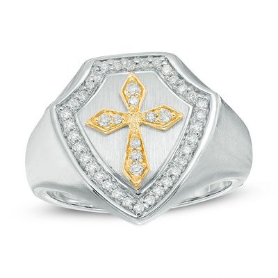 1/3 CT. T.w. Diamond Shield with Cross Ring in Sterling Silver and 10K Gold