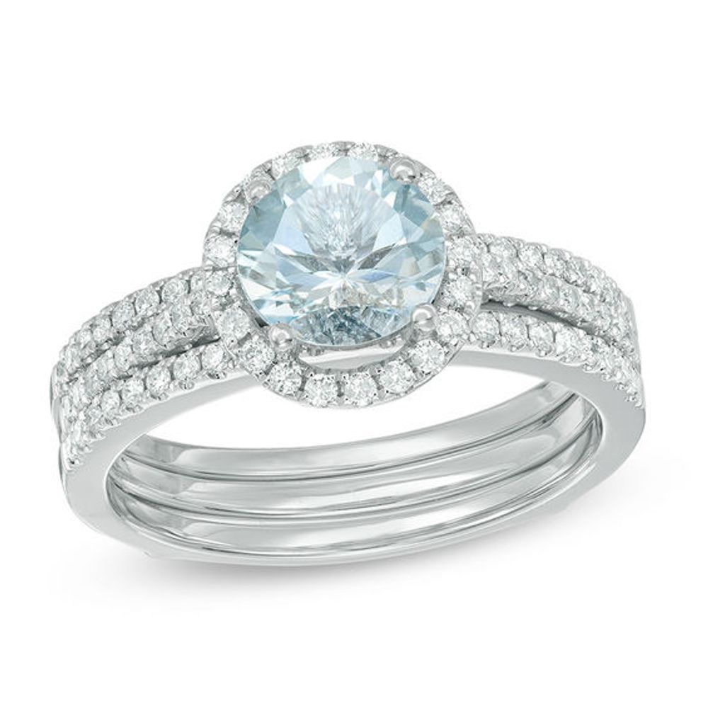 7.0mm Aquamarine and 3/8 CT. T.w. Diamond Frame Bridal Set in 14K White Gold