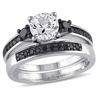 Lab-Created White Sapphire and 3/8 CT. T.w. Black Diamond Three Stone Bridal Set Sterling Silver