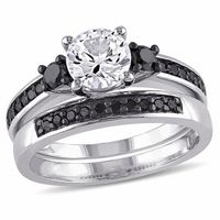 Lab-Created White Sapphire and 3/8 CT. T.w. Black Diamond Three Stone Bridal Set Sterling Silver