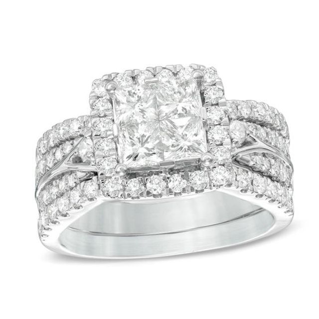 2 CT. T.w. Princess-Cut Quad Diamond Frame Three Piece Bridal Set in 14K White Gold