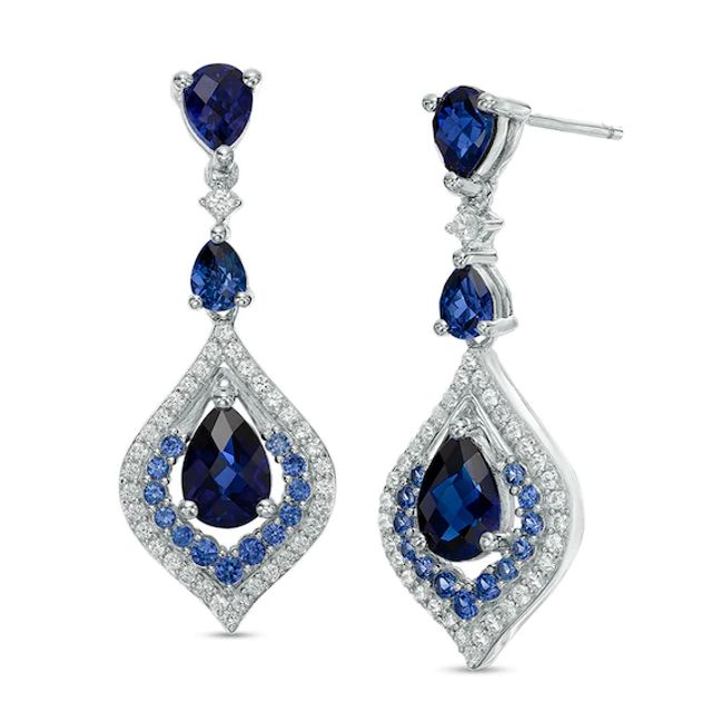 Pear-Shaped Lab-Created Blue and White Sapphire Frame Drop Earrings in Sterling Silver