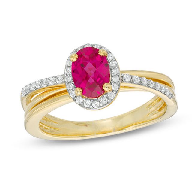 Oval Lab-Created Ruby and White Sapphire Frame Orbit Ring in Sterling Silver and 14K Gold Plate