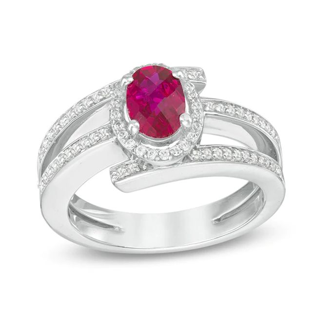 Oval Lab-Created Ruby and White Sapphire Split Shank Wrap Ring in Sterling Silver