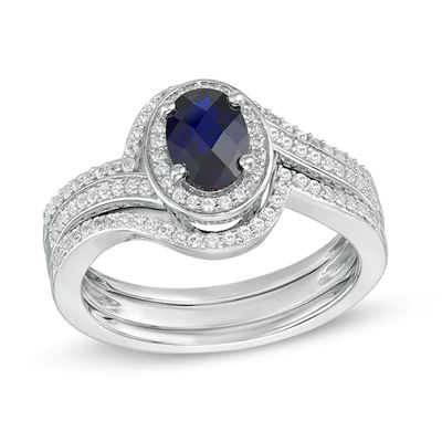 Oval Lab-Created Blue and White Sapphire Swirl Frame Bridal Set in Sterling Silver