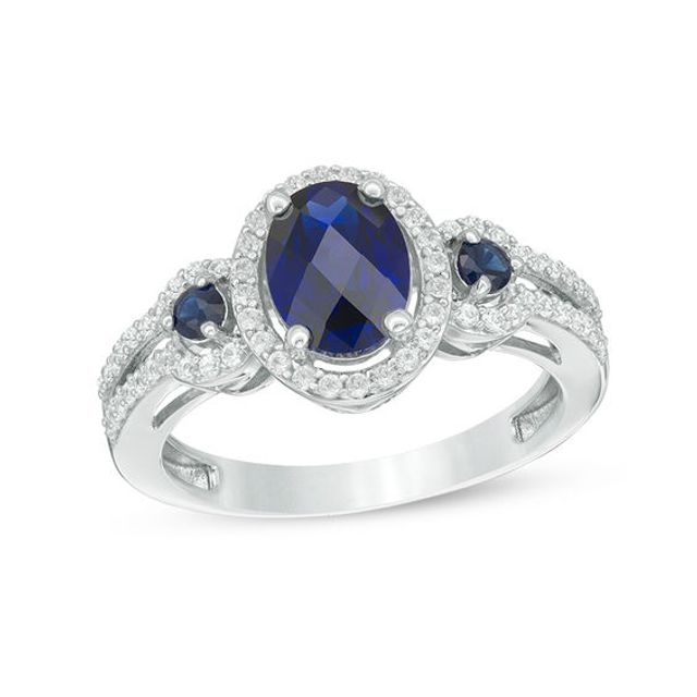 Oval Lab-Created Blue and White Sapphire Frame Three Stone Ring in Sterling Silver