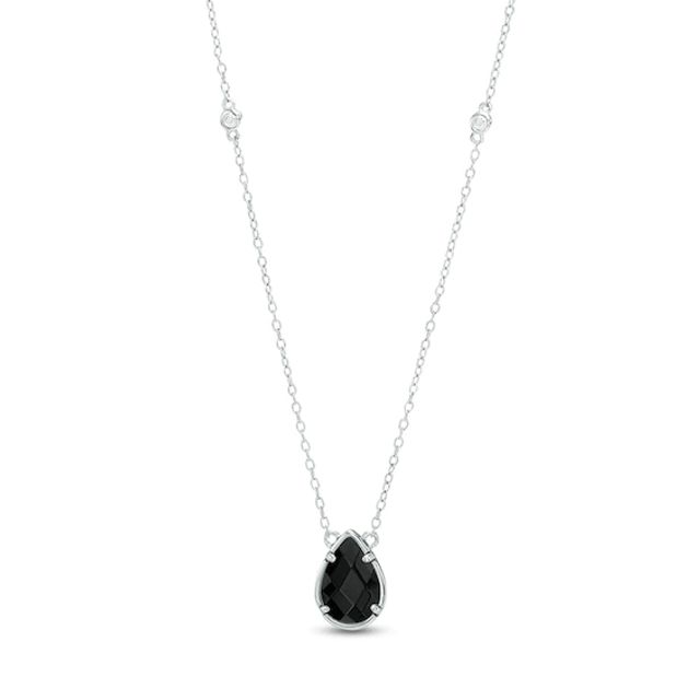 Pear-Shaped Onyx and White Topaz Station Necklace in Sterling Silver