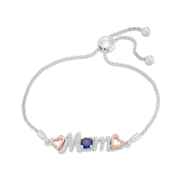 5.0mm Lab-Created Blue Sapphire and Diamond Accent Mom Bolo Bracelet in Sterling Silver and 10K Rose Gold - 9.5"