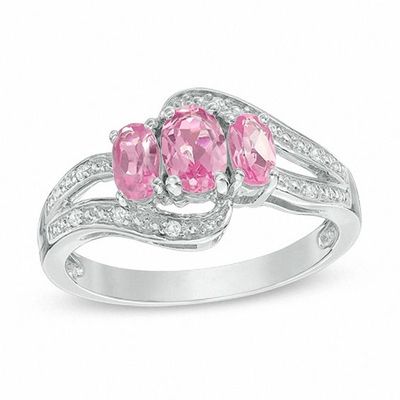 Oval Lab-Created Pink and White Sapphire Three Stone Bypass Ring in Sterling Silver