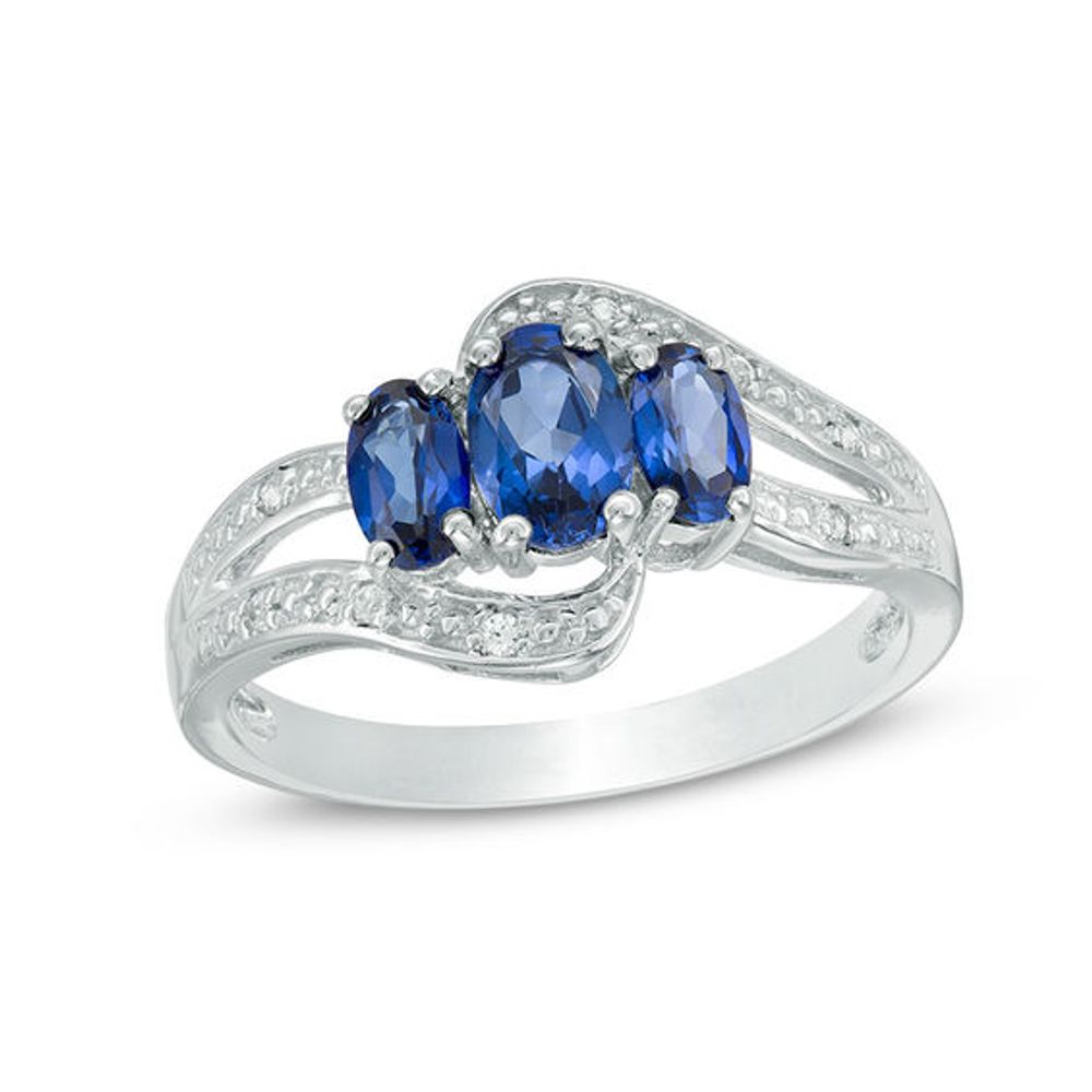 Oval Lab-Created Blue and White Sapphire Three Stone Bypass Ring Sterling Silver