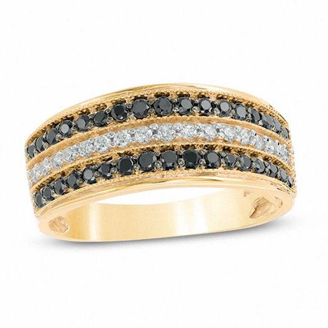 1/2 CT. T.w. Enhanced Black and White Diamond Three Row Band in 10K Gold