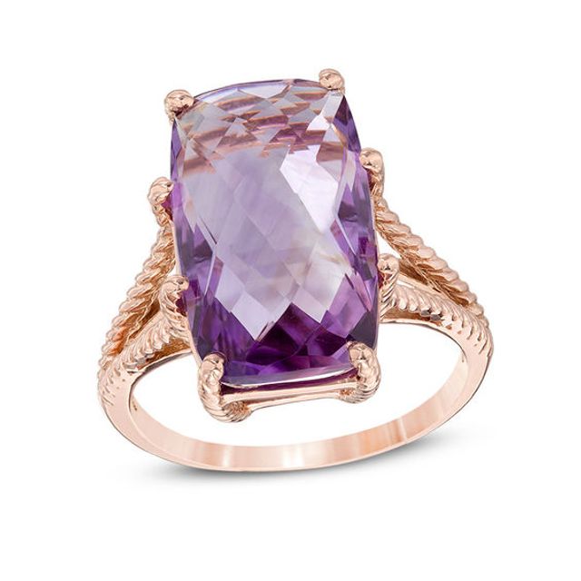 Elongated Cushion-Shaped Amethyst Split Shank Rope Ring in 10K Rose Gold