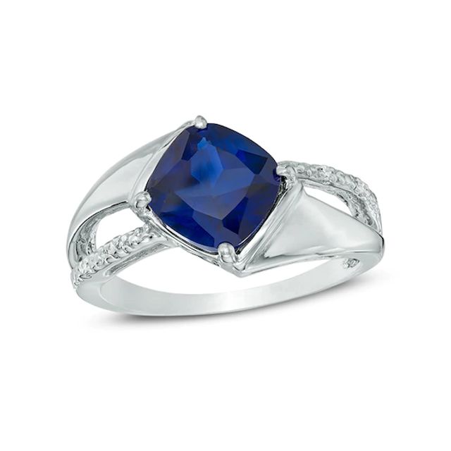 8.0mm Cushion-Cut Lab-Created Blue Sapphire and Diamond Accent Tilted Split Shank Ring in 10K White Gold