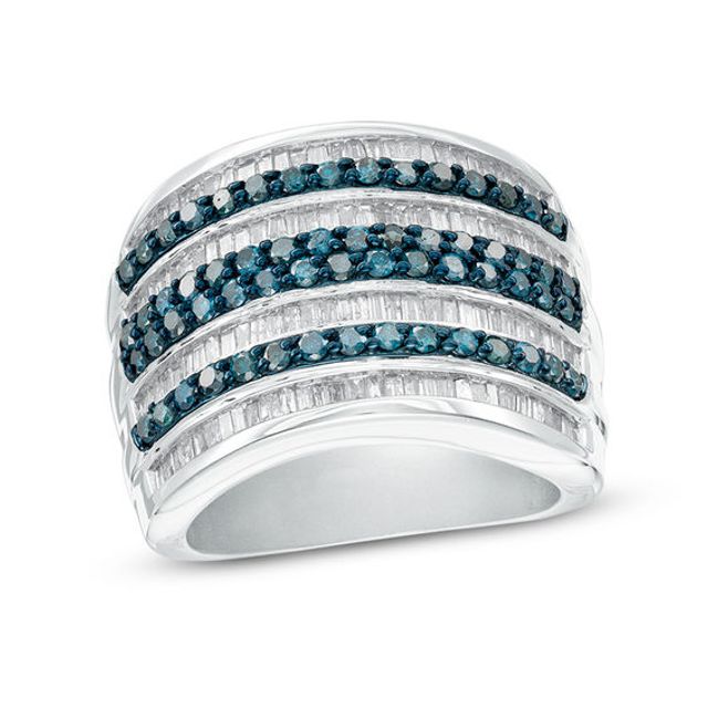 2 CT. T.w. Enhanced Blue and White Diamond Multi-Row Ring in Sterling Silver