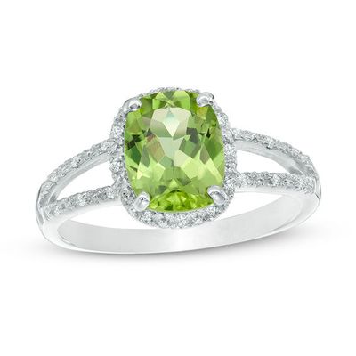Cushion-Cut Peridot and 1/10 CT. T.w. Diamond Frame Split Shank Ring in Sterling Silver