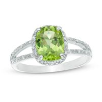 Cushion-Cut Peridot and 1/10 CT. T.w. Diamond Frame Split Shank Ring Sterling Silver