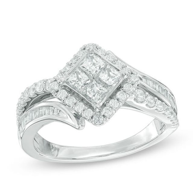 1 CT. T.w. Quad Princess-Cut Diamond Bypass Engagement Ring in 10K White Gold