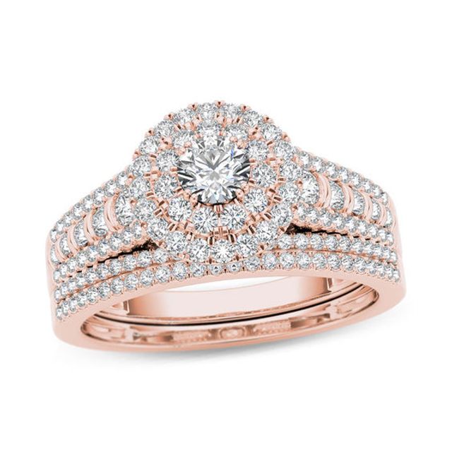 1 CT. T.w. Diamond Double Frame Multi-Row Bridal Set in 14K Rose Gold