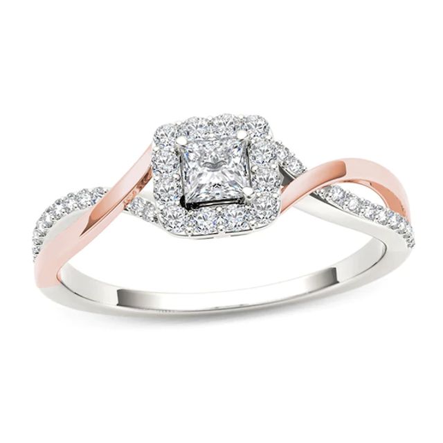 1/2 CT. T.w. Princess-Cut Diamond Square Frame Twist Engagement Ring in 14K Two-Tone Gold