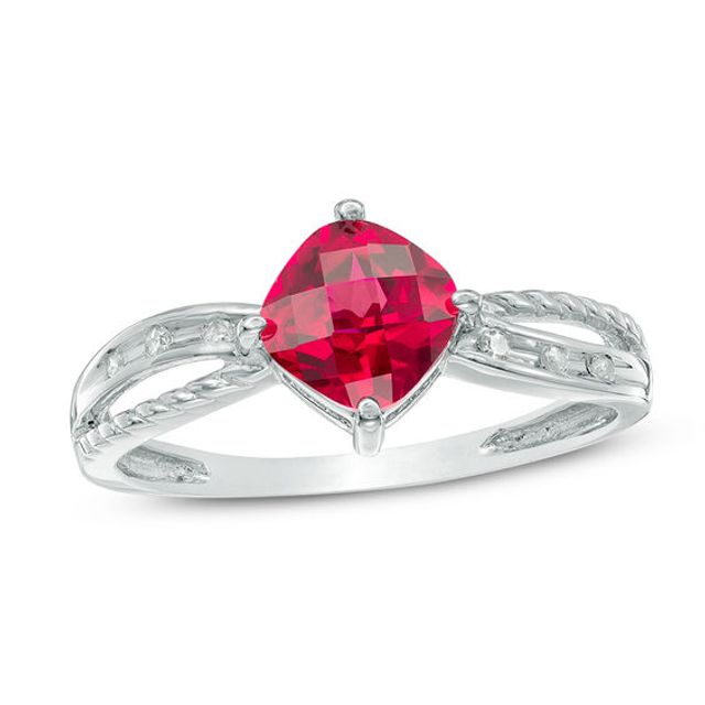 6.0mm Cushion-Cut Lab-Created Ruby and Diamond Accent Rope Ring in 10K White Gold