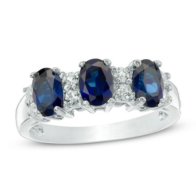 Oval Lab-Created Blue and White Sapphire Three Stone Ring in 10K White Gold