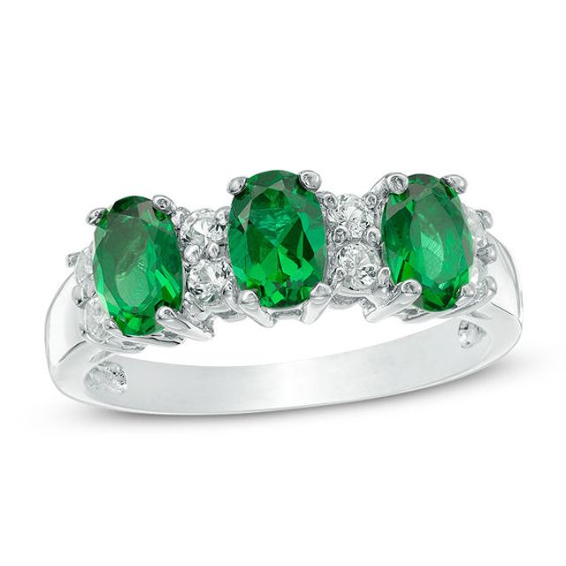 Oval Lab-Created Emerald and White Sapphire Three Stone Ring in 10K White Gold