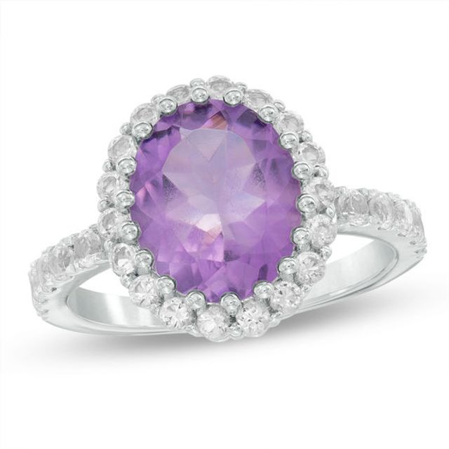 Oval Amethyst and White Topaz Frame Ring Sterling Silver