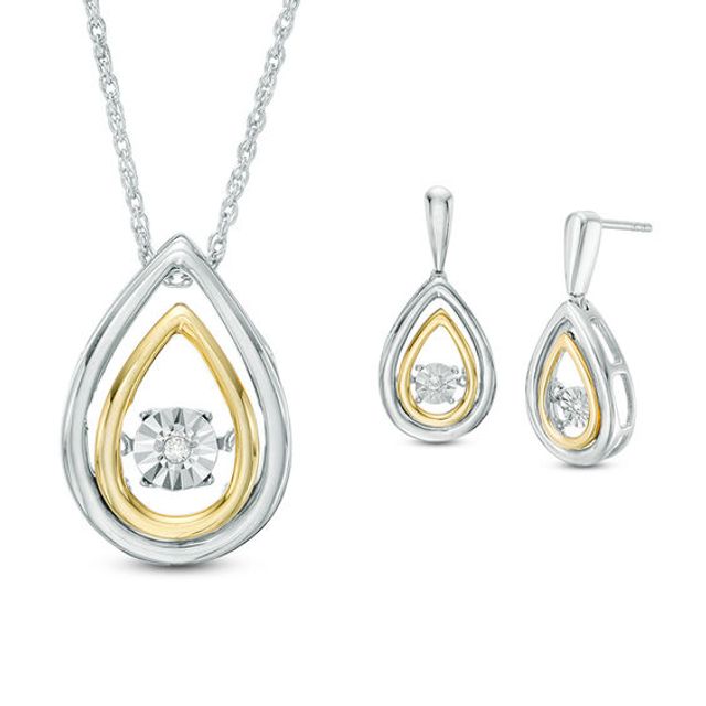 Diamond Accent Teardrop Pendant and Drop Earrings Set in Sterling Silver and 10K Gold