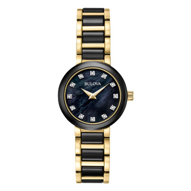 Ladies' Bulova Diamond Accent Two-Tone Watch with Black Mother-of-Pearl Dial (Model: 98P159)