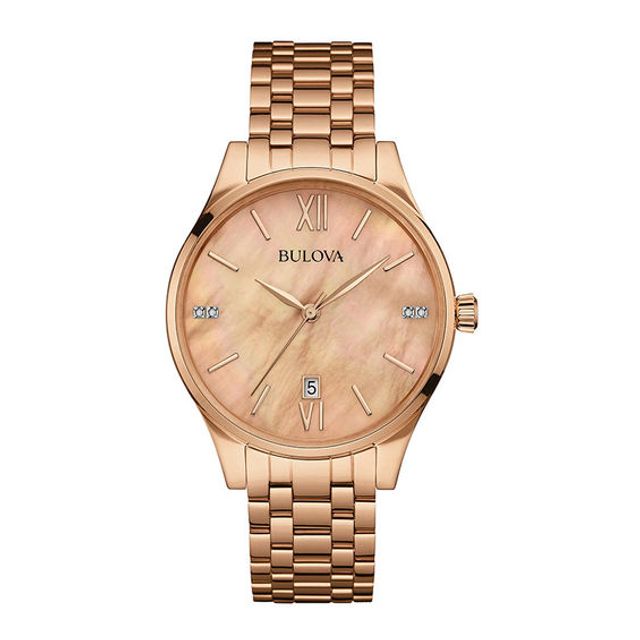 Ladies' Bulova Diamond Accent Rose-Tone Watch with Mother-of-Pearl Dial (Model: 97P113)