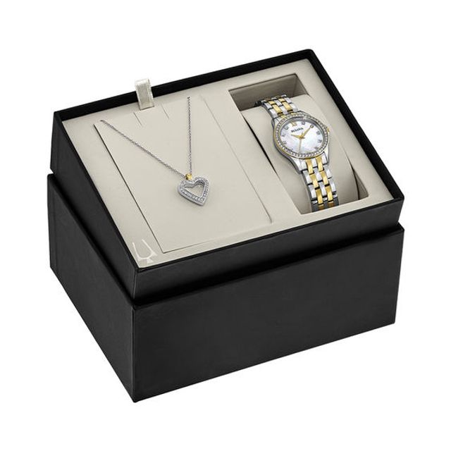 Ladies' Bulova Crystal Accent Two-Tone Watch with Mother-of-Pearl Dial and Heart Pendant Box Set (Model: 98X113)