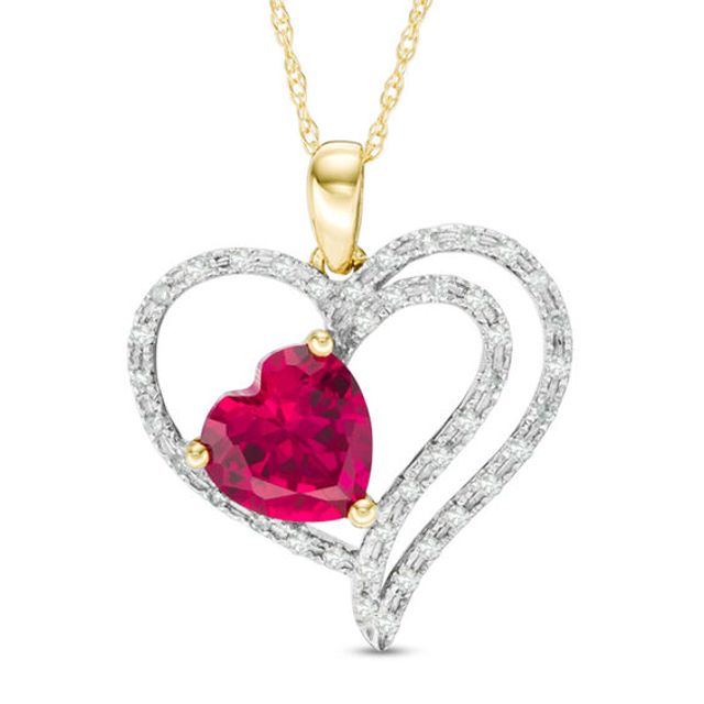 7.0mm Lab-Created Ruby and 1/6 CT. T.w. Diamond Multi-Row Heart Pendant in 10K Gold