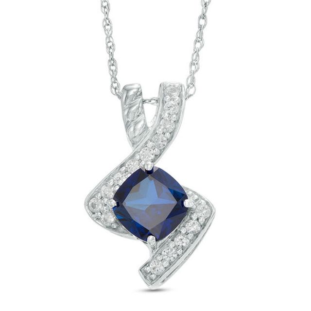 7.0mm Cushion-Cut Lab-Created Blue and White Sapphire Bypass Pendant in Sterling Silver