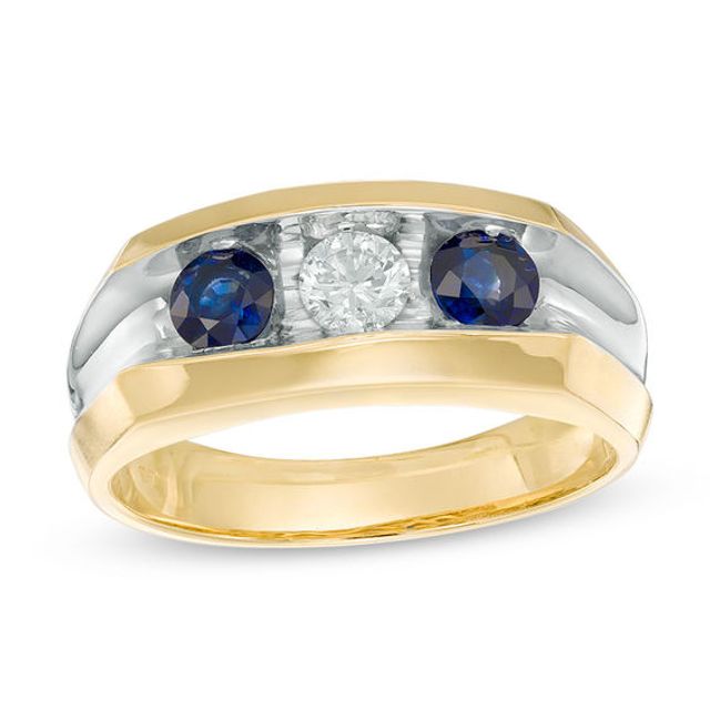 Men's Blue Sapphire and 1/3 CT. Diamond Three-Stone Ring in 10K Gold